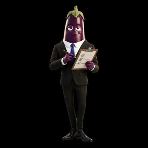 Aubergino, an eggplant in a suit, ticking a checklist