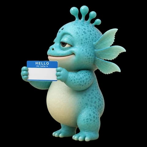 Gubby holding up a blank name tag