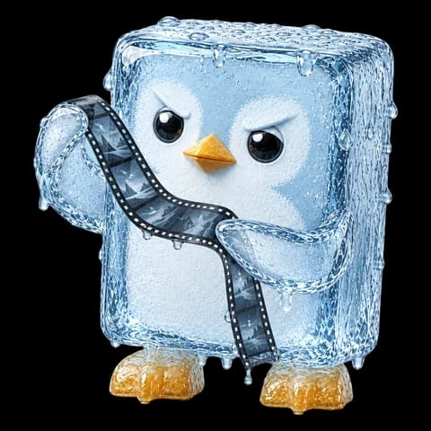 An ice cube penguin holding up a film strip