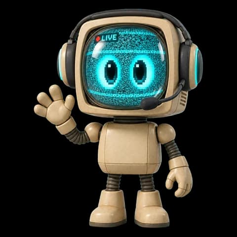Tubey, a TV robot with a headset, waving on a live stream