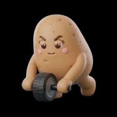 Masko’s Madame Patate lifting a little barbell