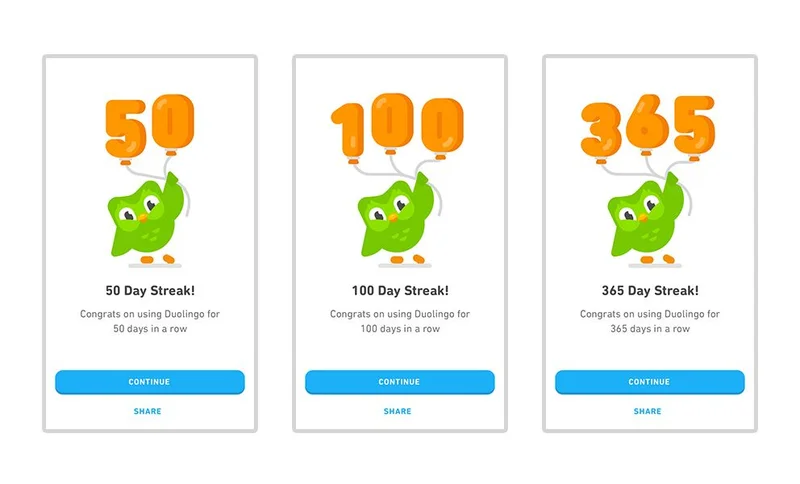 Duo carrying milestone balloons in Duolingo’s earlier streak celebration screens