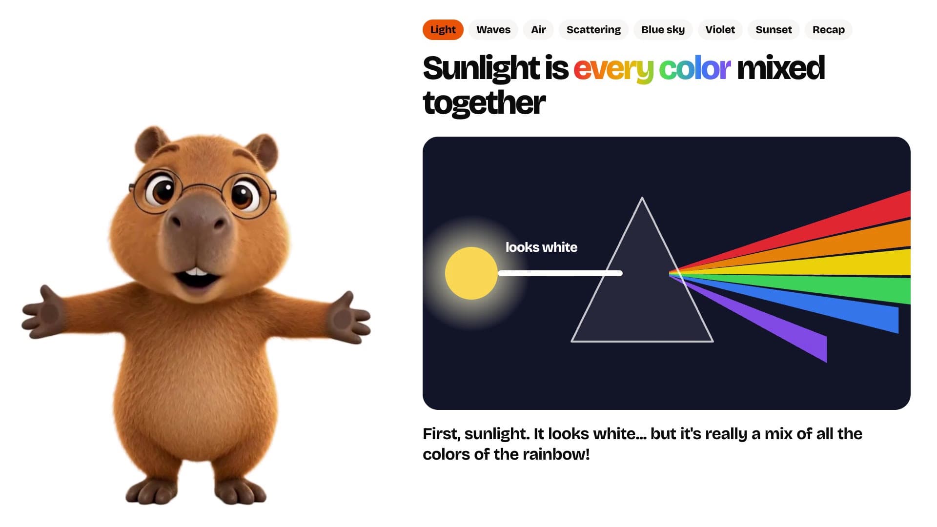 Bo the capybara presents a rainbow coming out of a prism