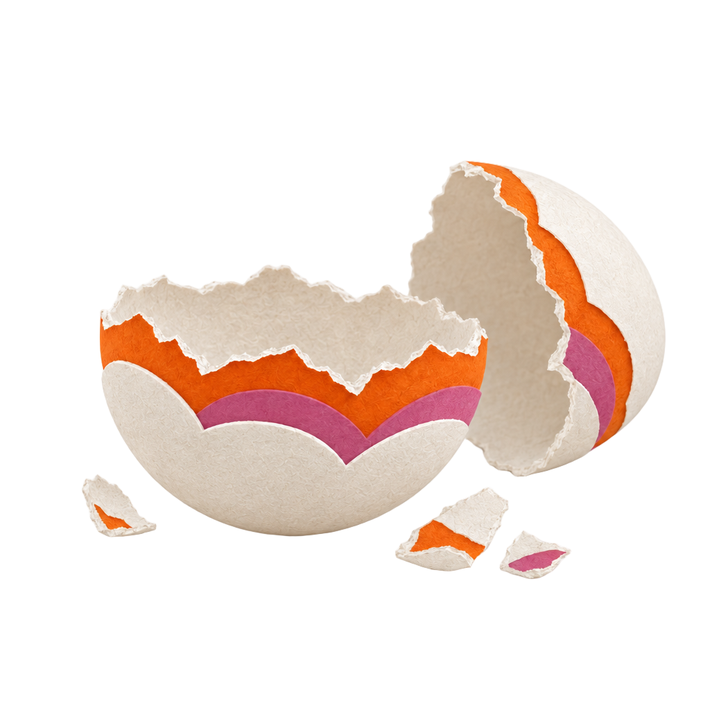 Broken paper egg beside Dumple