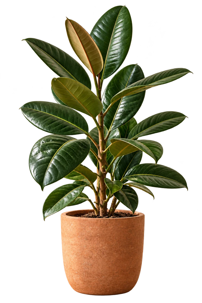 A rubber plant in a terracotta pot